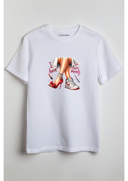I Have Two Moods Topuklu Ayakkabı- Sneakers Baskılı Unisex T-Shirt Beyaz