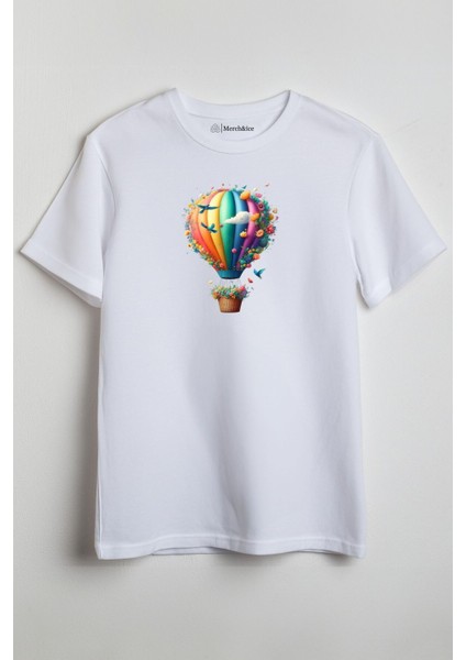 Çiçekli Çok Renkli Uçan Hava Balonu Baskılı Unisex T-Shirt Beyaz