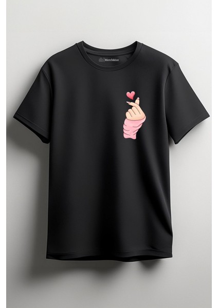 Kore Kalp Işareti Baskılı Unisex T-Shirt Siyah