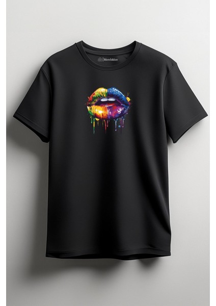 Renkli Dudak Ağız Baskılı Unisex T-Shirt Siyah