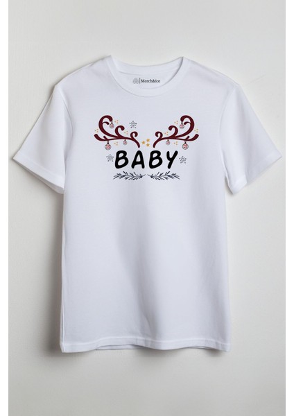 Noel Geyik Boynuzları ve Baby Yazı Baskılı Unisex T-Shirt Beyaz