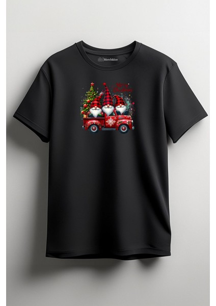 Merry Christmas Kırmızı Şapkalı Noel Cüceleri Baskılı Unisex T-Shirt Siyah