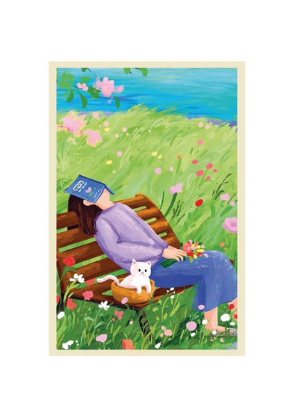 Doğada Huzur, Kedi ve Kitap Keyfi – İllüstrasyonlu Hediye Not Kartı & Dekoratif Kartpostal, Özel Tasarım ve Anlamlı Hediye