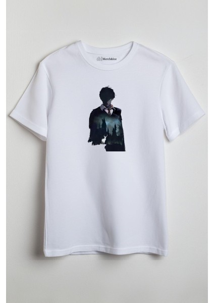 Harry Potter ve Patronus Çatal Boynuzlu Geyik Baskılı Unisex T-Shirt Beyaz