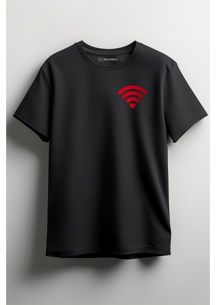 Kalpli Wi-Fi Baskılı Sevgililer Günü Unisex T-Shirt Siyah