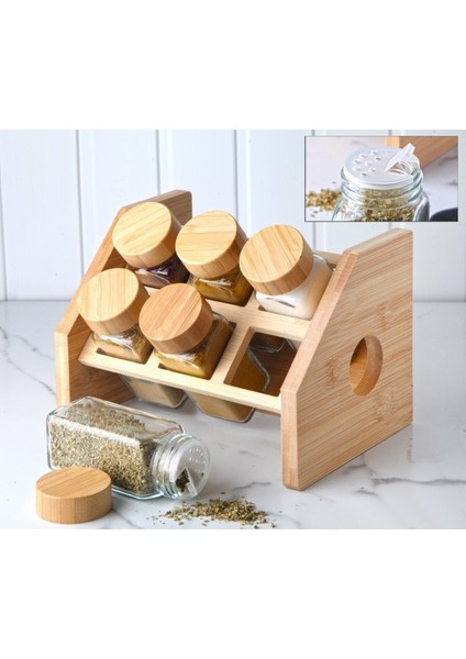 Bambu Standlı Bambu Kapaklı 6 Lı Cam Baharatlık Mini Baharat Seti