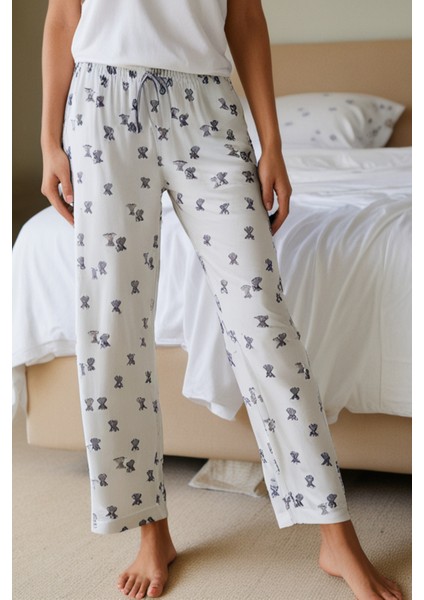 Kadın Beyaz Pijama Altı Pamuk Elastan Fil Desenli Rahat Kalıp Kurdeleli Esnek Yumuşak Dokulu Cepsiz