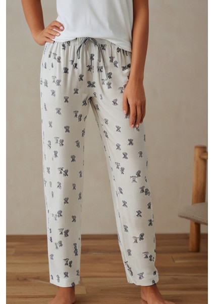 Kadın Beyaz Pijama Altı Pamuk Elastan Fil Desenli Rahat Kalıp Kurdeleli Esnek Yumuşak Dokulu Cepsiz modelleri