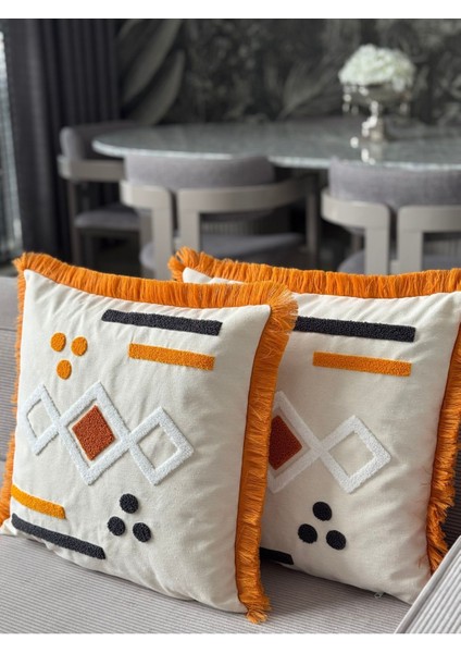 Turuncu Işlemeli Saçaklı Kırlent Kılıfı 43X43CM, Şık ve Rahat Dekorasyon Parçası indirimleri