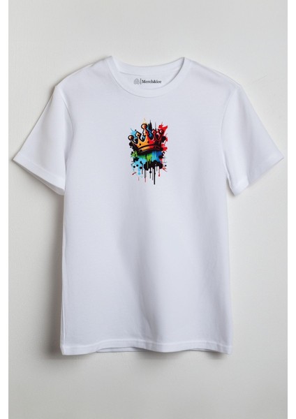 Renkli Kral Tacı Baskılı Unisex T-Shirt Beyaz