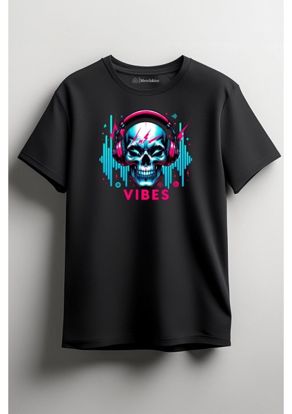 Vibes Kuru Kafa Müzik Baskılı Unisex T-Shirt Siyah