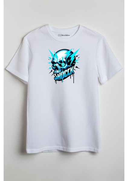 Shock Mavi Kuru Kafa Baskılı Unisex T-Shirt Beyaz