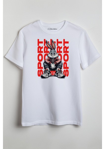 Sport Bugs Bunny Baskılı Unisex T-Shirt Beyaz