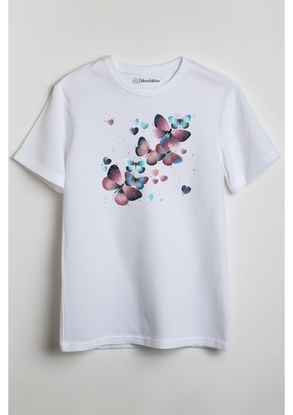 Mavi-Pembe Kelebekler ve Kalpler Baskılı Unisex T-Shirt Beyaz