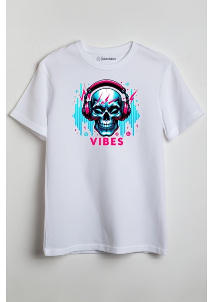Vibes Kuru Kafa Müzik Baskılı Unisex T-Shirt Beyaz