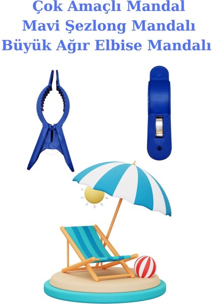 4'lü Büyük Boy Plaj Havlu Mandalı, Çok Amaçlı, Sabitleyici, Mavi