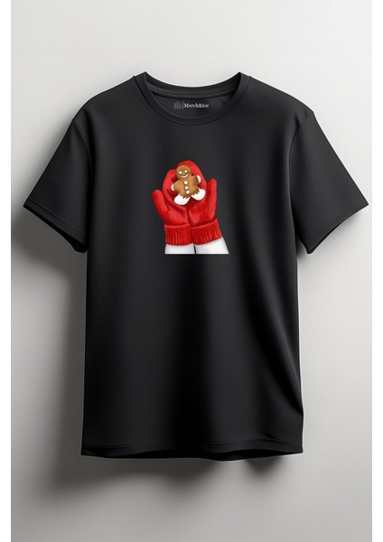 Kırmızı Noel Eldivenleri ve Zencefilli Kurabiye Adam Baskılı Unisex T-Shirt Siyah