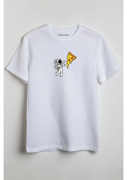 Pizza Astronot Baskılı Unisex T-Shirt Beyaz
