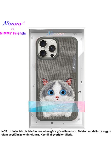 iPhone 15 Pro Uyumlu 3D Göz Gray Kedi Detaylı Gerçek Nakış İşlemeli Kabartmalı Big Eyes Kılıf