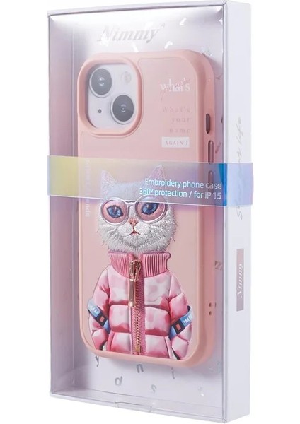 iPhone 15 Uyumlu 3D Gözlük Fermuar Beauty Kedi Nakış İşlemeli Kabartmalı Cool Cute Kılıf