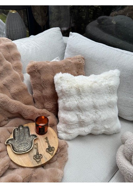 40X40 Ekru Pofuduk Peluş Kırlent Kılıfı, Tek Taraflı Yastık, Kare Tasarım