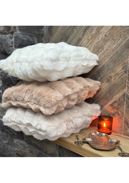 40X40 Ekru Pofuduk Peluş Kırlent Kılıfı, Tek Taraflı Yastık, Kare Tasarım