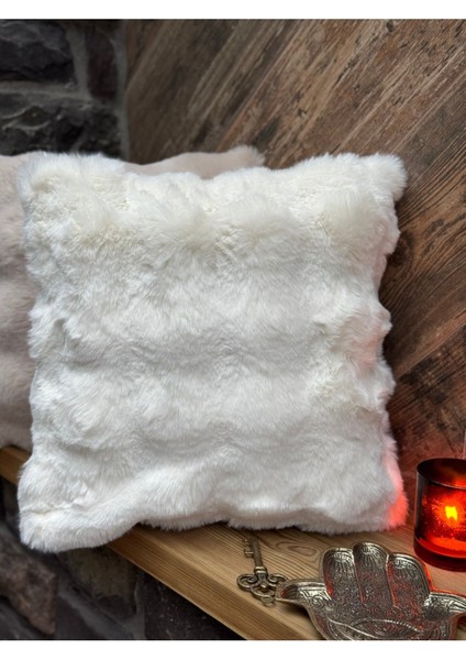 40X40 Ekru Pofuduk Peluş Kırlent Kılıfı, Tek Taraflı Yastık, Kare Tasarım