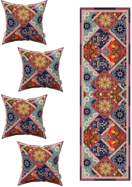 Kahverengi Etnik Vintage Desenli 4'lü Kırlent Kılıfı ve Runner Seti