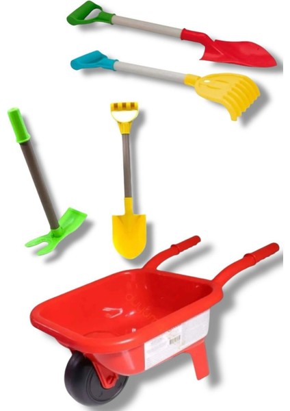 Tr Tırmık ve Kazma Küreği Olan Kırmızı Renk Plaj Kum Aktivite Deniz Malzemlerinden Oyuncak El Araba modelleri