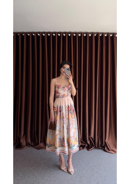 Dijital Baskı Sarı Tonlu Keten Elbise