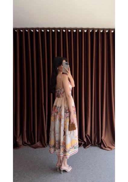 Dijital Baskı Sarı Tonlu Keten Elbise fiyatları