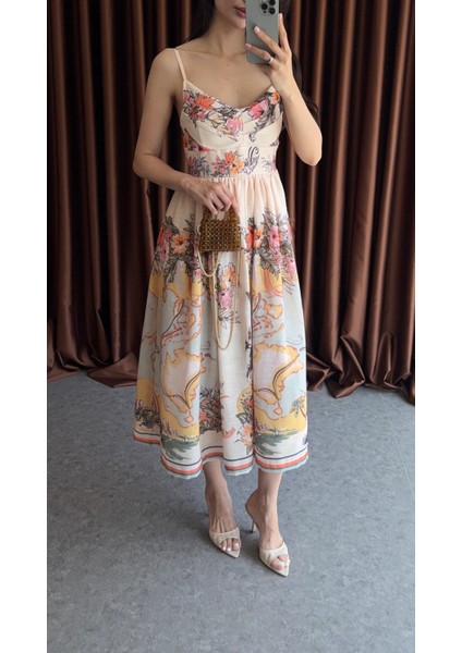 Dijital Baskı Sarı Tonlu Keten Elbise modelleri