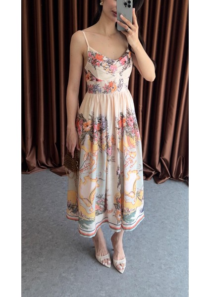Dijital Baskı Sarı Tonlu Keten Elbise fırsatları