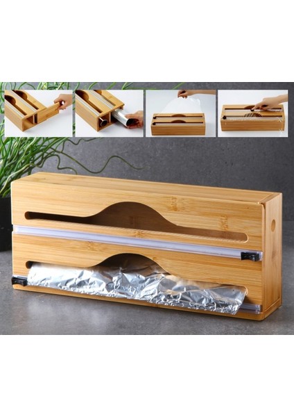 Bambu Streç ve Folyo Kesici Bambu Streçlik ve Folyoluk 2 Bölmeli Kapaklı 33.5X14.7 cm