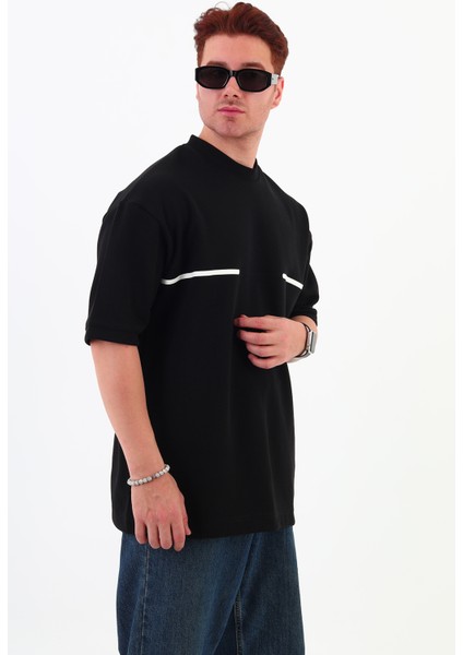Ince Şeritli Beyaz Oversize Erkek T-Shirt