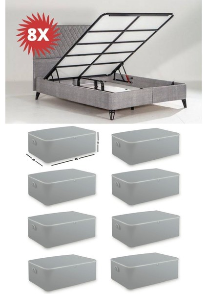 8 Adet Gri Baza Altı Saklama Kutusu, Çekyat Baza Tipi, 65X45X22 cm