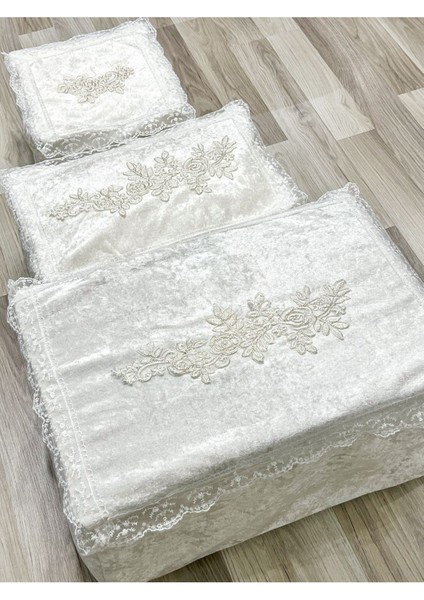 Kadife Güpürlü Ekru Bohça Seti, Söz ve Nişan Çeyizlik 3'lü Paket
