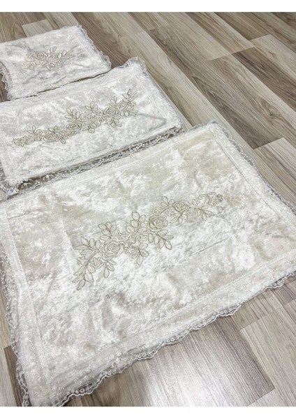 Kadife Güpürlü Ekru Bohça Seti, Söz ve Nişan Çeyizlik 3'lü Paket indirimleri