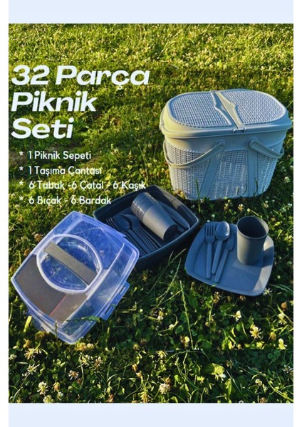 Tr Home 32 Parça Piknik Seti Sepet Çantalı Bardak,çatal,kaşık,bıçak,tabak Seti 32 Piece Picnic Set.