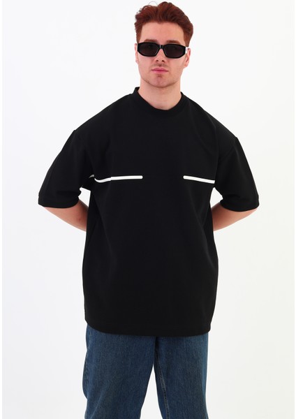 Ince Şeritli Beyaz Oversize Erkek T-Shirt