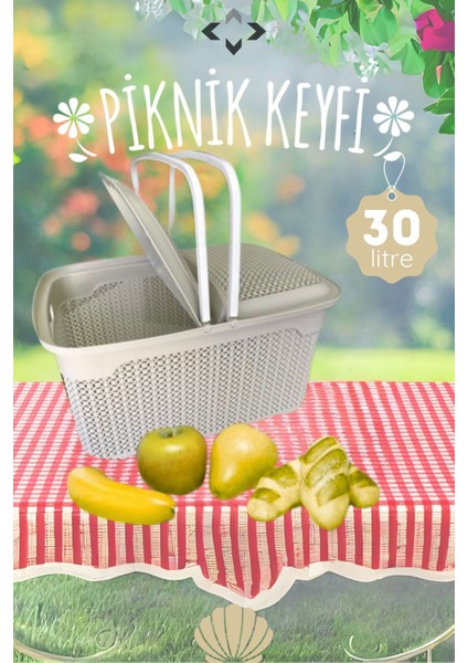Plastik Inci Desenli 30 Lt Piknik Sepeti Piknik Seti Mangal Barbekü Çantası Rattan Sepet Elde Yıkan