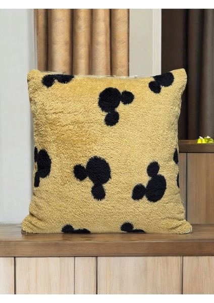 Çift Taraflı Peluş Kırlent Kılıfı, Teddy ve Miki Desenli, Bej Siyah Seçenekleri
