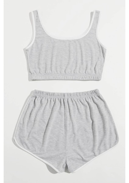 Kadın Gri Askılı Crop Top ve Şortlu Gecelik Takım