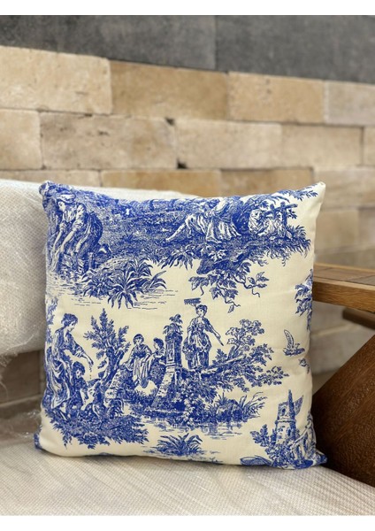 Mavi Fransız Köylü Desenli Pamuk Kırlent Kılıfı