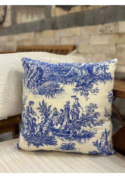 Mavi Fransız Köylü Desenli Pamuk Kırlent Kılıfı modelleri