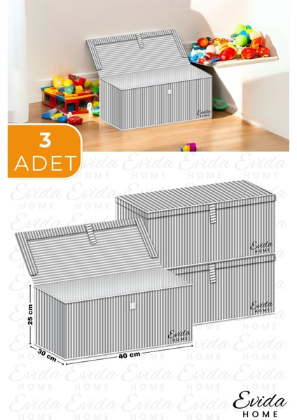 Gri Çizgili Çok Amaçlı Saklama Kutuları, 40X30X25, 3’lü Set