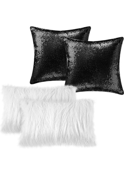 4'lü Kırlent Kılıf Seti, Beyaz ve Siyah, 30X50 ve 43X43, Payetli ve Peluş Tasarım