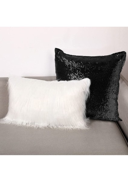 4'lü Kırlent Kılıf Seti, Beyaz ve Siyah, 30X50 ve 43X43, Payetli ve Peluş Tasarım