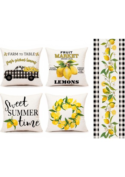 Yeşil Sarı Beyaz Ekose Desenli Bahar ve Yaz Temalı Dekoratif 4lü Kırlent Seti