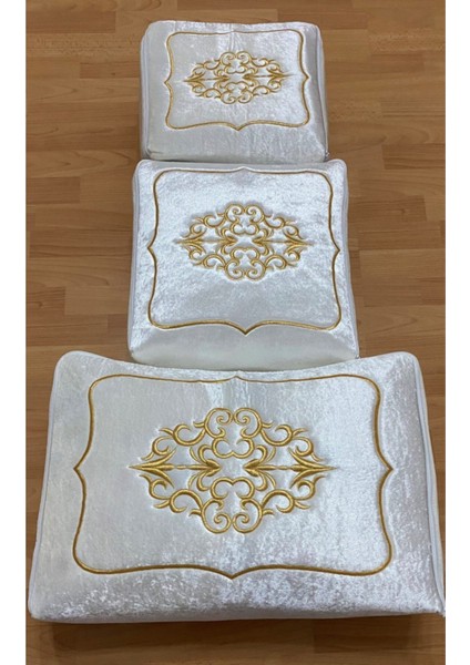 Kadife Gold Işlemeli 3’lü Krem Bohça Seti, Nişan ve Düğün Hediyesi